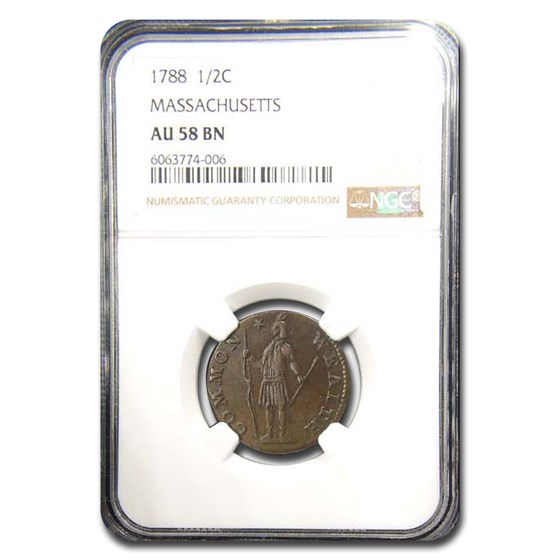 1788 Massachusetts Half Cent AU-58 NGC (Brown) 1788 Massachusetts Half Cent AU-58 NGC (Brown)