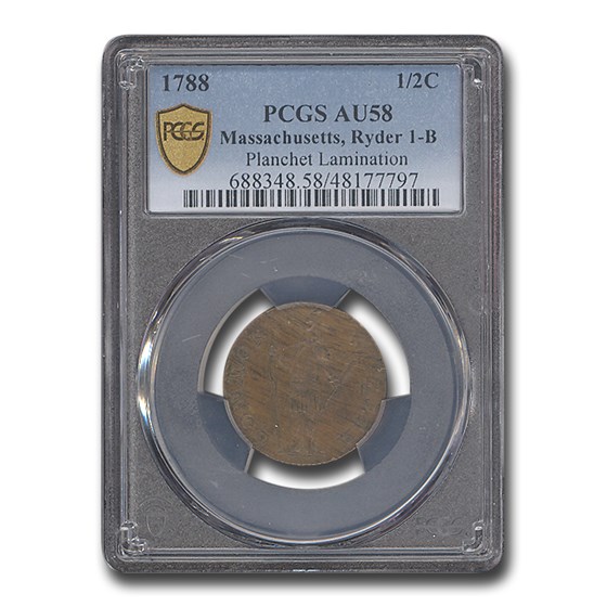 1788 Massachusetts Half Cent AU-58 PCGS (Planchet Lam, Ryder 1-B) 1788 Massachusetts Half Cent AU-58 PCGS (Planchet Lam, Ryder 1-B)