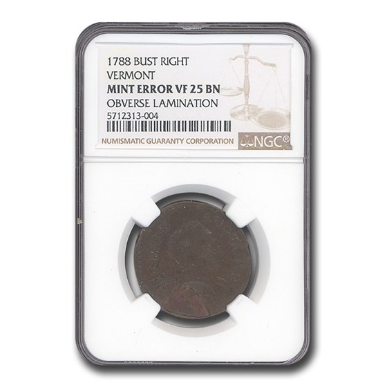 1788 Vermont Bust Right VF-25 NGC (BN Mint Error Obv Lamination) 1788 Vermont Bust Right VF-25 NGC (BN Mint Error Obv Lamination)