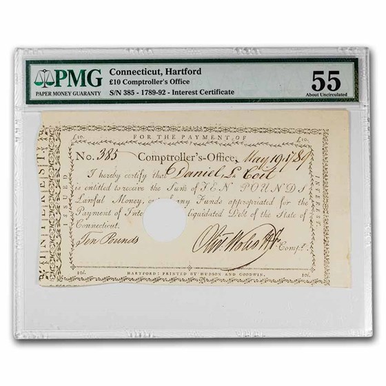 1789-92 Comptroller's Check 10 Pounds AU-55 PMG Canceled