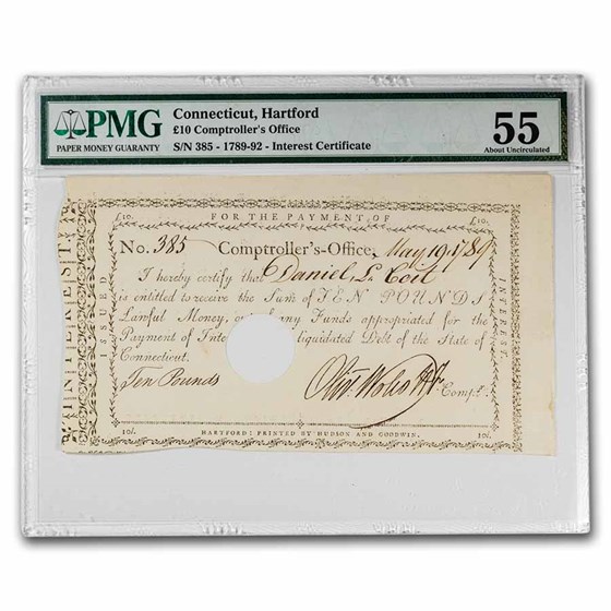 1789-92 Comptroller's Check 10 Pounds AU-55 PMG Canceled 1789-92 Comptroller's Check 10 Pounds AU-55 PMG Canceled