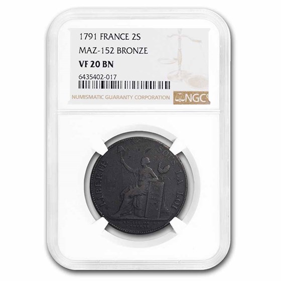 1791 France Copper 2 Sol VF-20 (Brown) 1791 France Copper 2 Sol VF-20 (Brown)