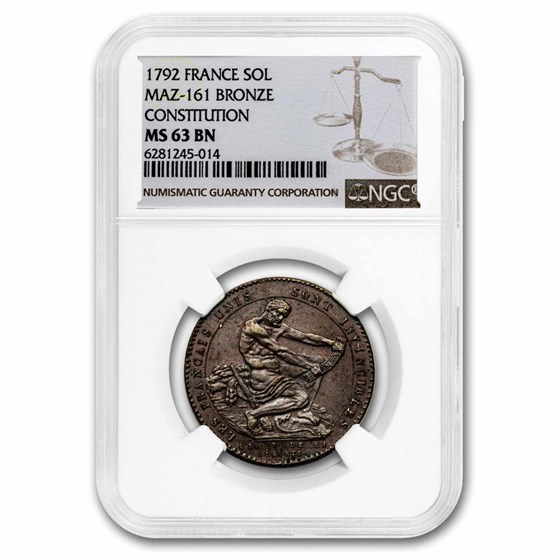 1792 France Bronze Sol Constitution MS-63 NGC (Brown)