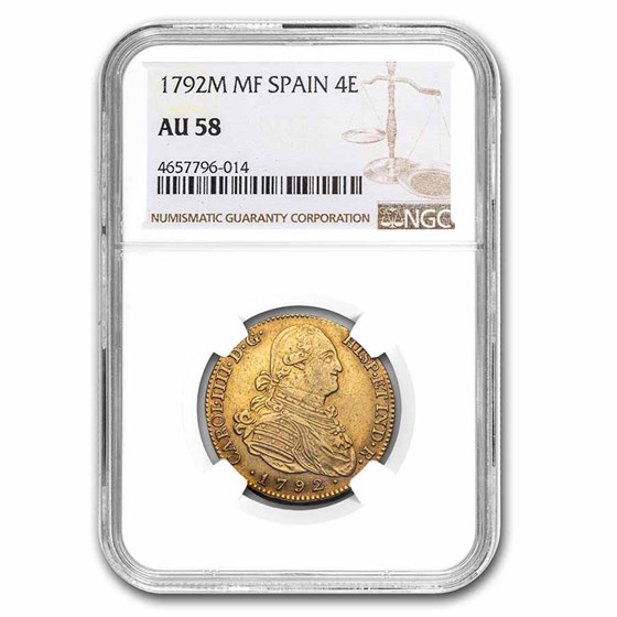 1792-M MF Spain Gold 4 Escudos Charles IIII AU-58 NGC 1792-M MF Spain Gold 4 Escudos Charles IIII AU-58 NGC