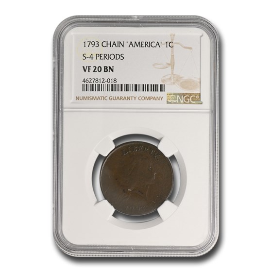 1793 Flowing Hair Chain Cent VF-20 NGC (BN, AMERICA S-4 Periods) 1793 Flowing Hair Chain Cent VF-20 NGC (BN, AMERICA S-4 Periods)
