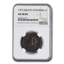 1793 Flowing Hair Large Cent AU-58 NGC (Brn, Wreath, Vine & Bars) 1793 Flowing Hair Large Cent AU-58 NGC (Brn, Wreath, Vine & Bars)