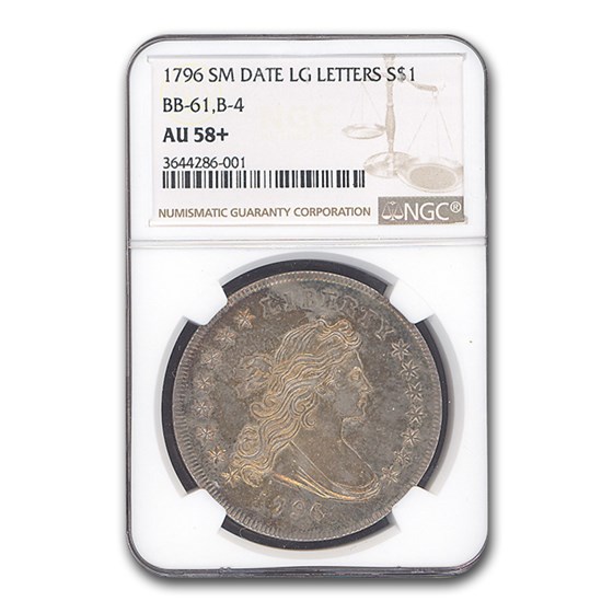 1796 Draped Bust Dollar AU-58+ NGC (Sm Date, Lg Letters) 1796 Draped Bust Dollar AU-58+ NGC (Sm Date, Lg Letters)