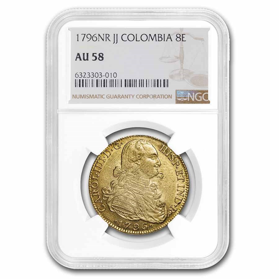 1796-NR JJ Colombia Gold 8 Escudos Charles IV AU-58 NGC