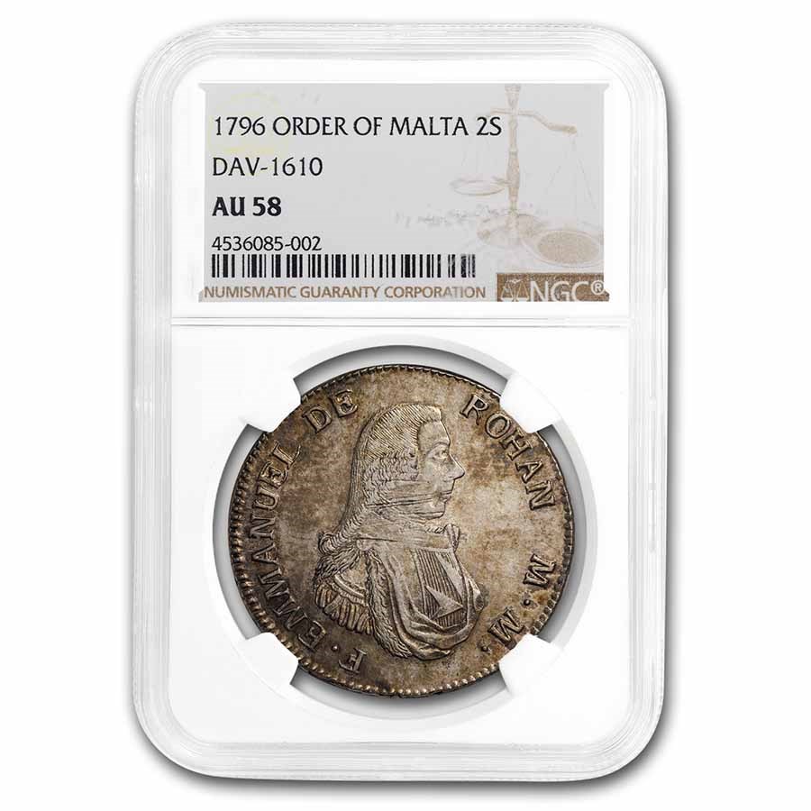 1796 Order of Malta Silver 2 Scudi Emmanuel de Rohan AU-58 NGC