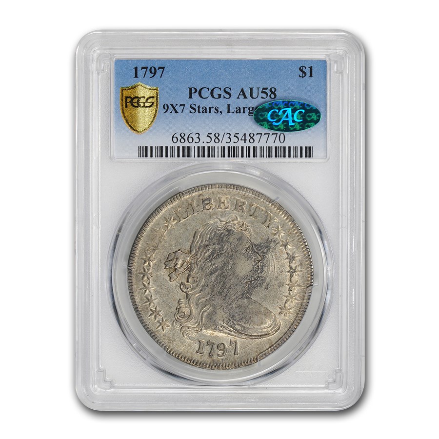 1797 Draped Bust Dollar AU-58 PCGS CAC (9x7 Stars Lg Letters)