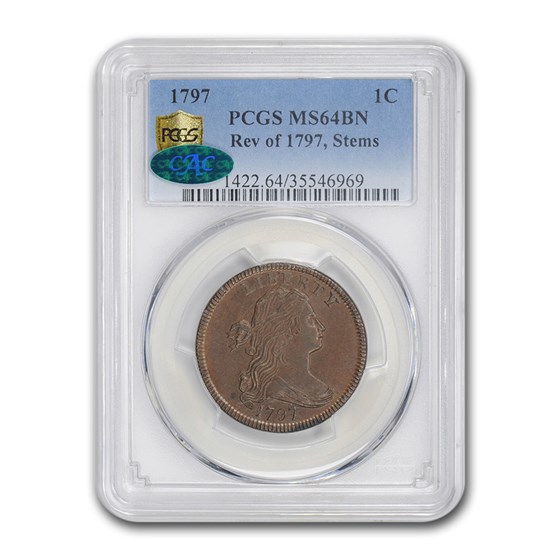 1797 Draped Bust Large Cent w/Stems MS-64 PCGS CAC (BN) 1797 Draped Bust Large Cent w/Stems MS-64 PCGS CAC (BN)