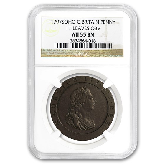 1797 Great Britain Penny George III 11 Leaves AU-55 NGC (Brown) 1797 Great Britain Penny George III 11 Leaves AU-55 NGC (Brown)