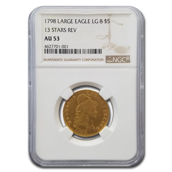 1798 $5 Gold Capped Head Half Eagle AU-53 NGC (Lg Eagle 13 Stars) 1798 $5 Gold Capped Head Half Eagle AU-53 NGC (Lg Eagle 13 Stars)