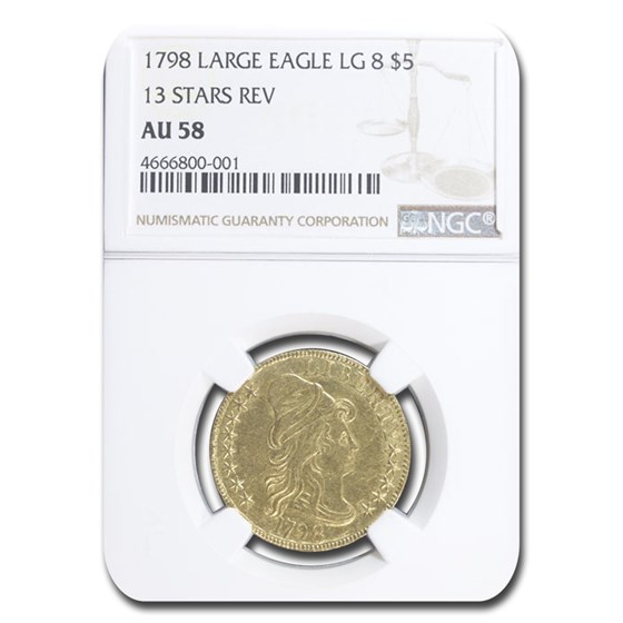 1798 $5 Turban Head Gold Half Eagle AU-58 NGC (Large 8, 13 Stars) 1798 $5 Turban Head Gold Half Eagle AU-58 NGC (Large 8, 13 Stars)