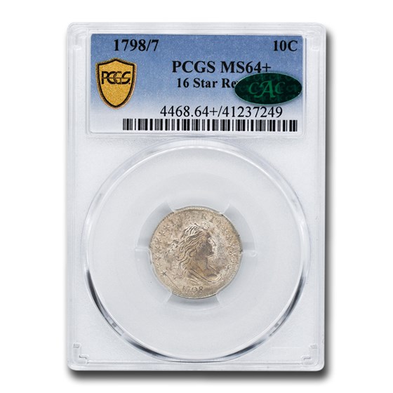 1798/7 Draped Bust Dime MS-64+ PCGS CAC (16 Stars Reverse) 1798/7 Draped Bust Dime MS-64+ PCGS CAC (16 Stars Reverse)