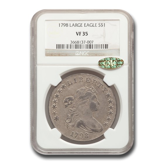 1798 Draped Bust Dollar Heraldic Eagle VF-35 NGC CAC (Lg. Eagle) 1798 Draped Bust Dollar Heraldic Eagle VF-35 NGC CAC (Lg. Eagle)