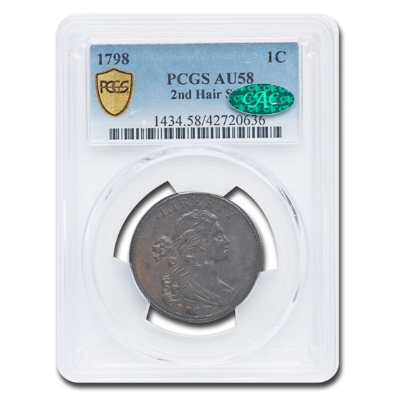 1798 Draped Bust Large Cent AU-58 PCGS CAC (2nd Hair Style) 1798 Draped Bust Large Cent AU-58 PCGS CAC (2nd Hair Style)