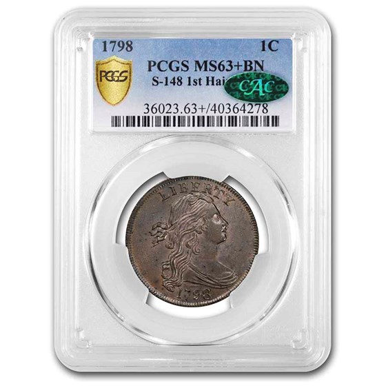 1798 Draped Bust Large Cent MS-63+ PCGS CAC (BN S-148 1st Hair) 1798 Draped Bust Large Cent MS-63+ PCGS CAC (BN S-148 1st Hair)