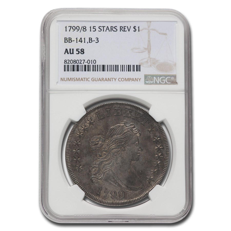 1799/8 Draped Bust Dollar AU-58 NGC (15 Stars, BB-141, B-3)