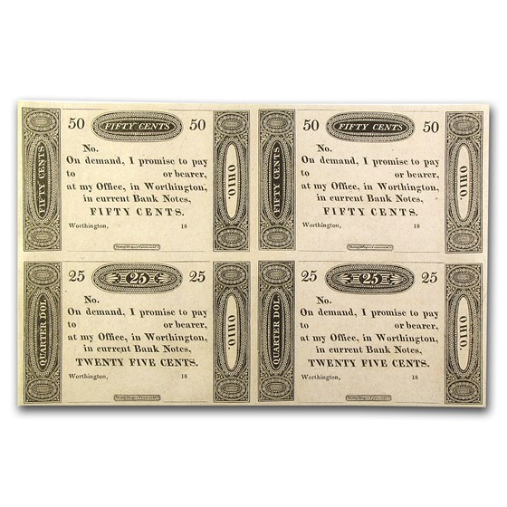 18__ UNCUT SHEET Worthington, OH 4 Fractionals CU 18__ UNCUT SHEET Worthington, OH 4 Fractionals CU