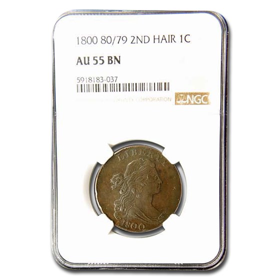 1800 80/79 Draped Bust Large Cent AU-55 NGC (Brown, 2nd Hair)