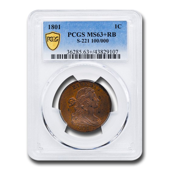 1801 Draped Bust Large Cent MS-63+ PCGS (RB, S-221, 100/000) 1801 Draped Bust Large Cent MS-63+ PCGS (RB, S-221, 100/000)
