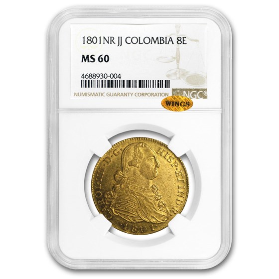 1801-NR JJ Colombia Gold 8 Escudo Carlos IV MS-60 NGC 1801-NR JJ Colombia Gold 8 Escudo Carlos IV MS-60 NGC