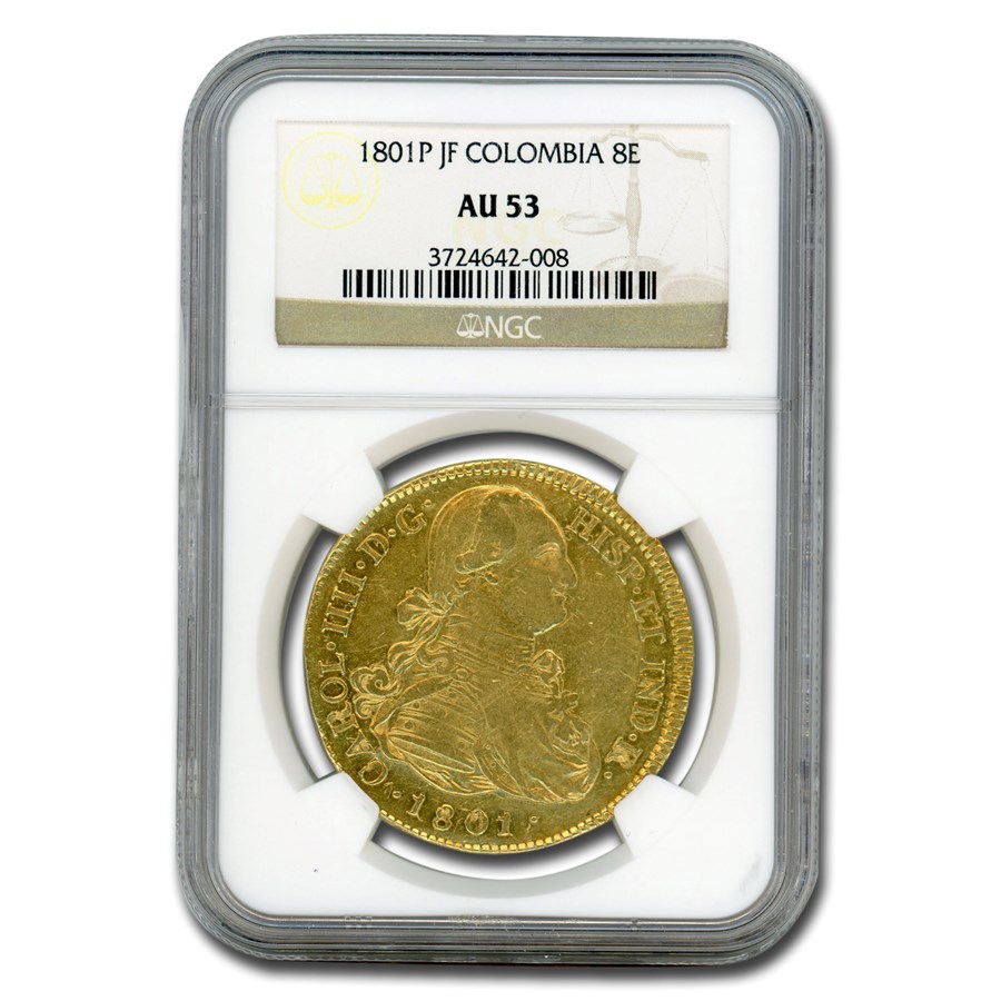 1801-P Colombia Gold 8 Escudos Charles IV AU-53 NGC