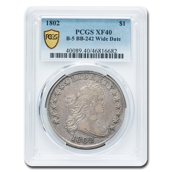 1802 Draped Bust Dollar XF-40 PCGS (B-5, BB-242 Wide Date) 1802 Draped Bust Dollar XF-40 PCGS (B-5, BB-242 Wide Date)
