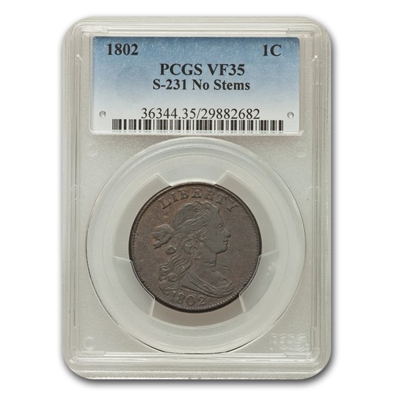 1802 Draped Bust Large Cent VF-35 PCGS (S-231, No Stems) 1802 Draped Bust Large Cent VF-35 PCGS (S-231, No Stems)