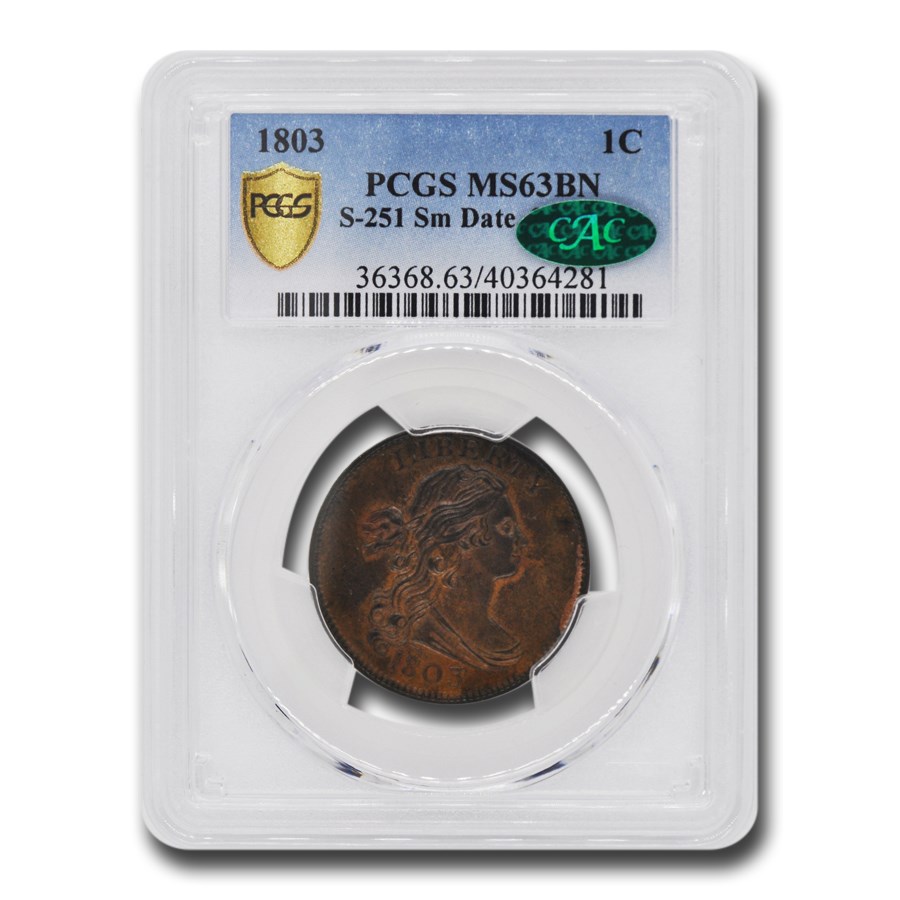 1803 Draped Bust Large Cent MS-63 PCGS CAC (BN, S-251 Sm. Date)