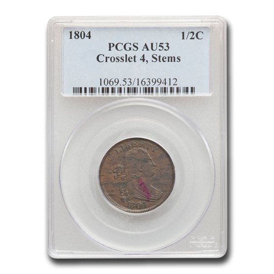 1804 Draped Bust Half Cent AU-53 PCGS (Crosslet 4, Stems) 1804 Draped Bust Half Cent AU-53 PCGS (Crosslet 4, Stems)