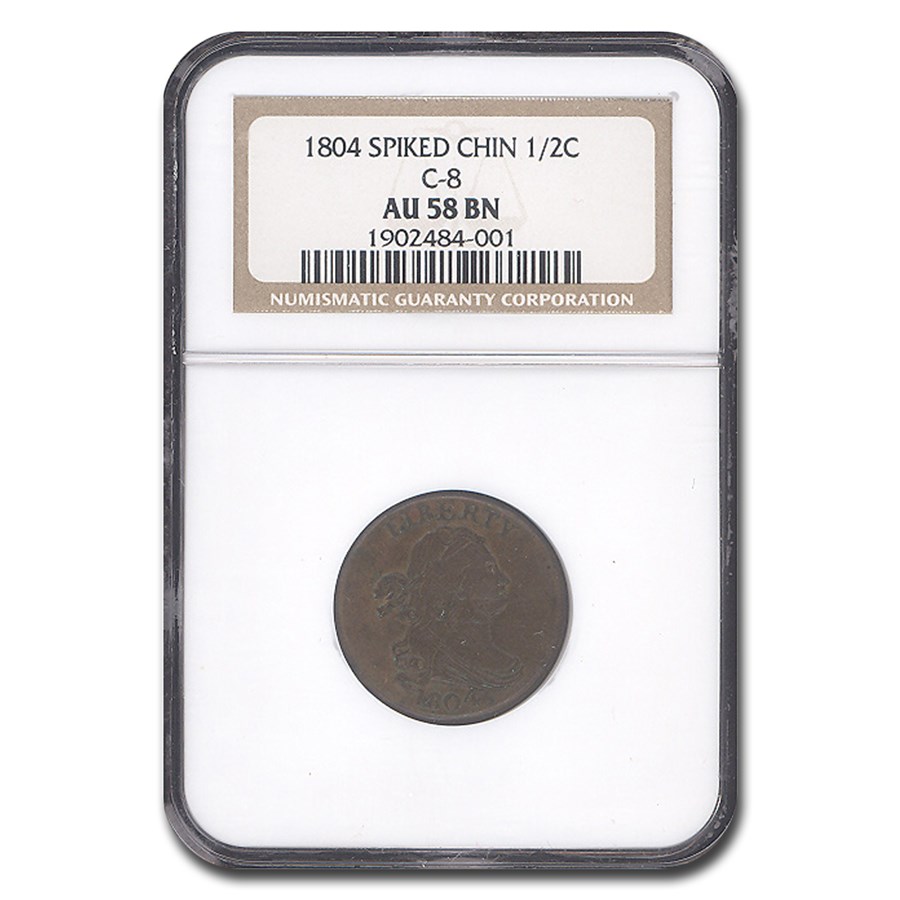 1804 Draped Bust Half Cent AU-58 NGC (Brown, Spiked Chin)