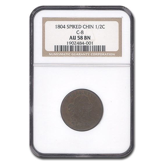 1804 Draped Bust Half Cent AU-58 NGC (Brown, Spiked Chin)