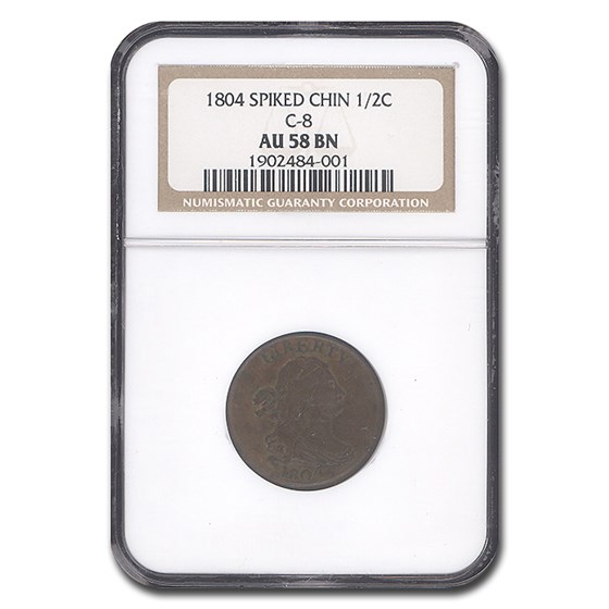 1804 Draped Bust Half Cent AU-58 NGC (Brown, Spiked Chin) 1804 Draped Bust Half Cent AU-58 NGC (Brown, Spiked Chin)