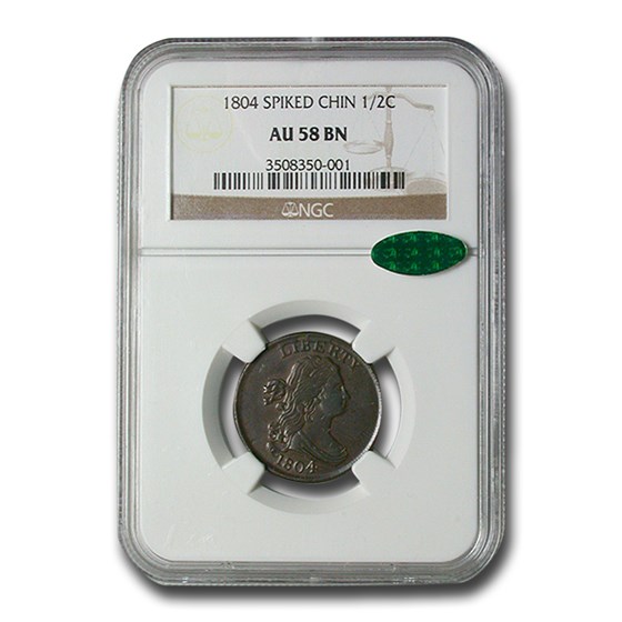 1804 Draped Bust Half Cent AU-58 NGC CAC (Brown, Spiked Chin) 1804 Draped Bust Half Cent AU-58 NGC CAC (Brown, Spiked Chin)