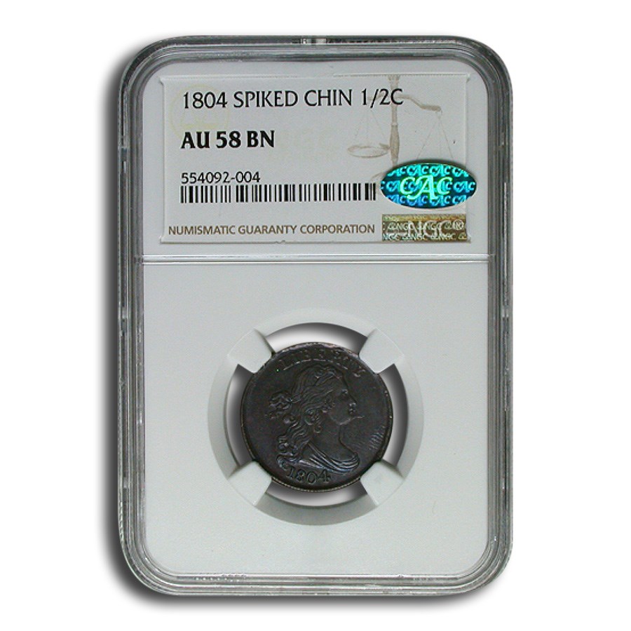 1804 Draped Bust Half Cent AU-58 NGC CAC (Brown, Spiked Chin)