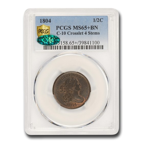 1804 Draped Bust Half Cent MS-65+ PCGS CAC (BN, Crosslet 4, Stem) 1804 Draped Bust Half Cent MS-65+ PCGS CAC (BN, Crosslet 4, Stem)