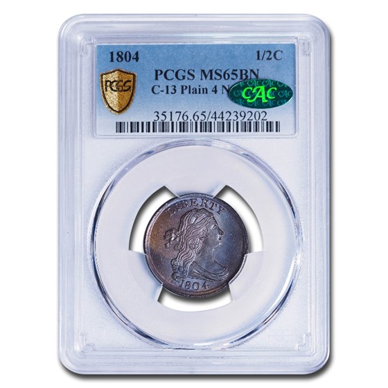 1804 Draped Bust Half Cent MS-65 PCGS CAC (Brown, C-13, Plain 4) 1804 Draped Bust Half Cent MS-65 PCGS CAC (Brown, C-13, Plain 4)