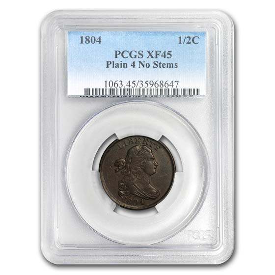 1804 Draped Bust Half Cent XF-45 PCGS (Plain 4, No Stems) 1804 Draped Bust Half Cent XF-45 PCGS (Plain 4, No Stems)