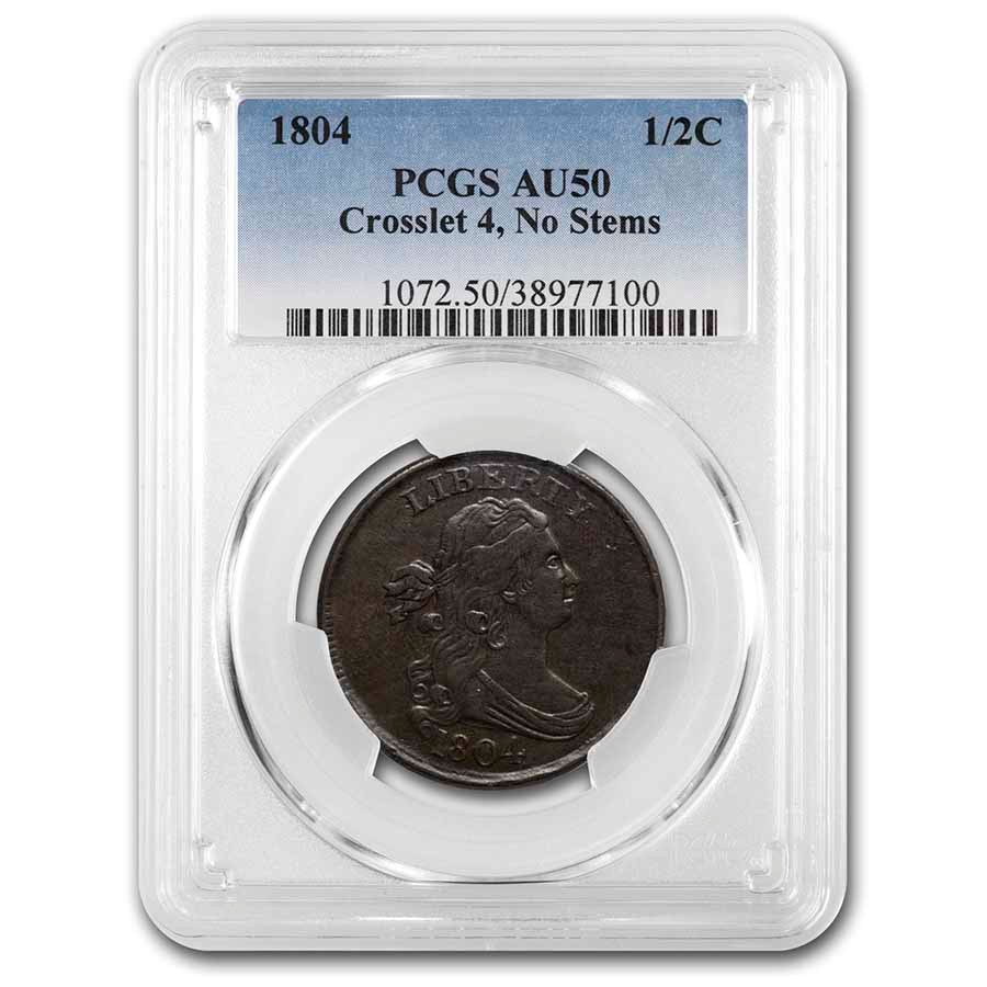 Buy 1804 Half Cent Crosslet 4, No Stems AU-50 PCGS | APMEX