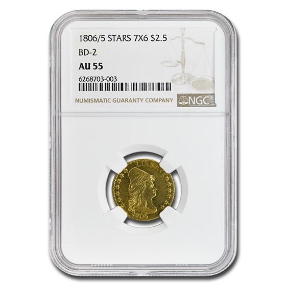 1806/5 $2.50 Capped Bust Gold Quarter Eagle AU-55 NGC (Stars 7x6) 1806/5 $2.50 Capped Bust Gold Quarter Eagle AU-55 NGC (Stars 7x6)