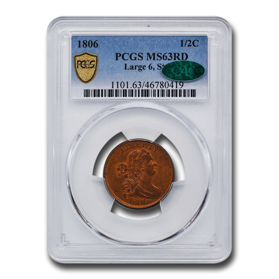 1806 Draped Bust Half Cent MS-63 PCGS CAC (Red, Large 6, Stars)