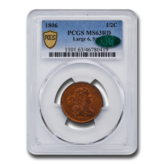 1806 Draped Bust Half Cent MS-63 PCGS CAC (Red, Large 6, Stars)