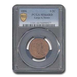 1806 Draped Bust Half Cent MS-64 PCGS (Large 6, Stems)