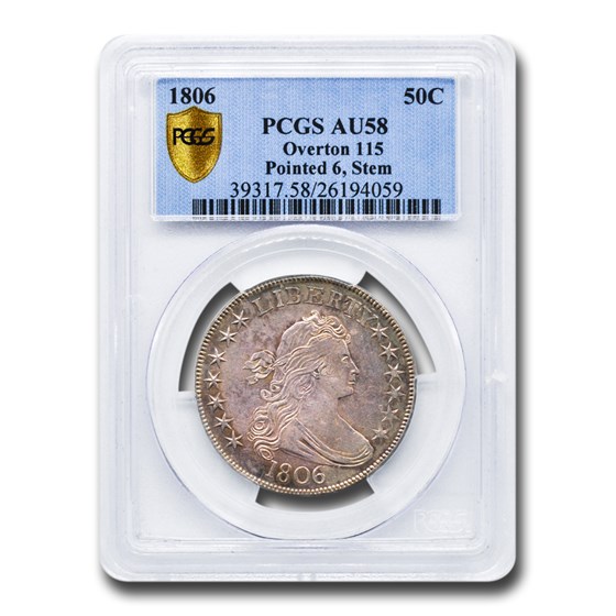 1806 Draped Bust Half Dollar AU-58 PCGS (O-115 Pointed 6, Stem) 1806 Draped Bust Half Dollar AU-58 PCGS (O-115 Pointed 6, Stem)