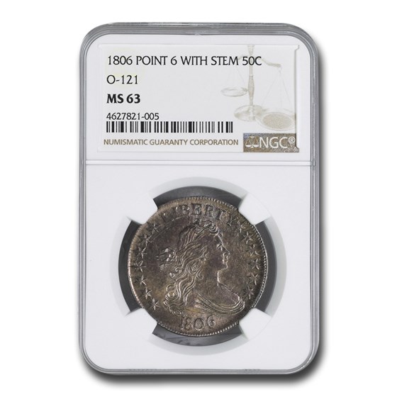 1806 Draped Bust Half Dollar MS-63 NGC (Pointed 6 w/Stem O-121) 1806 Draped Bust Half Dollar MS-63 NGC (Pointed 6 w/Stem O-121)