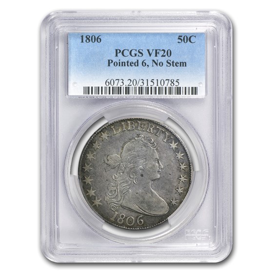 1806 Draped Bust Half Dollar Pointed 6, No Stem VF-20 PCGS 1806 Draped Bust Half Dollar Pointed 6, No Stem VF-20 PCGS