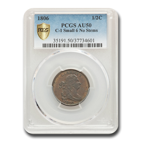 1806 Half Cent AU-50 PCGS (C-1, Small 6, No Stems) 1806 Half Cent AU-50 PCGS (C-1, Small 6, No Stems)