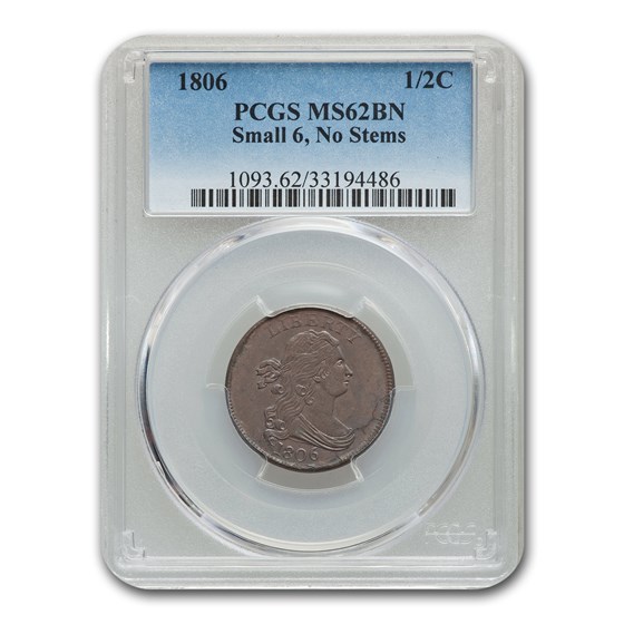 1806 Half Cent MS-62 PCGS (Brown, Small 6 No Stems) 1806 Half Cent MS-62 PCGS (Brown, Small 6 No Stems)